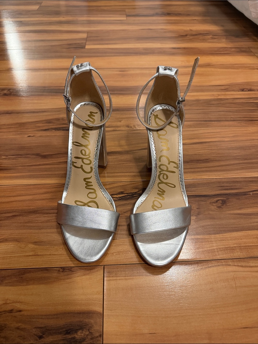 Sam Edelman Metallic Silver Ankle-Strap Block Heels